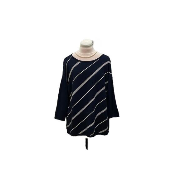 J.JILL WEAREVER Womens M Navy White Asymmetrical Stripe Knit Top Nautical Preppy - Picture 1 of 5
